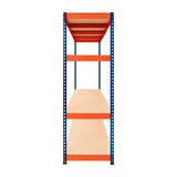 S-Rax Regal mit 4 Böden in Orange und Blau, 180cm hoch, 60cm tief, bietet stabile Ablageflächen aus Holz für vielseitige Nutzung