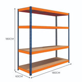 S-Rax Regal mit 4 stabilen Böden in Orange und Blau, Maße 180cm x 180cm x 60cm, ideal für Lagerung und Organisation von Gegenständen