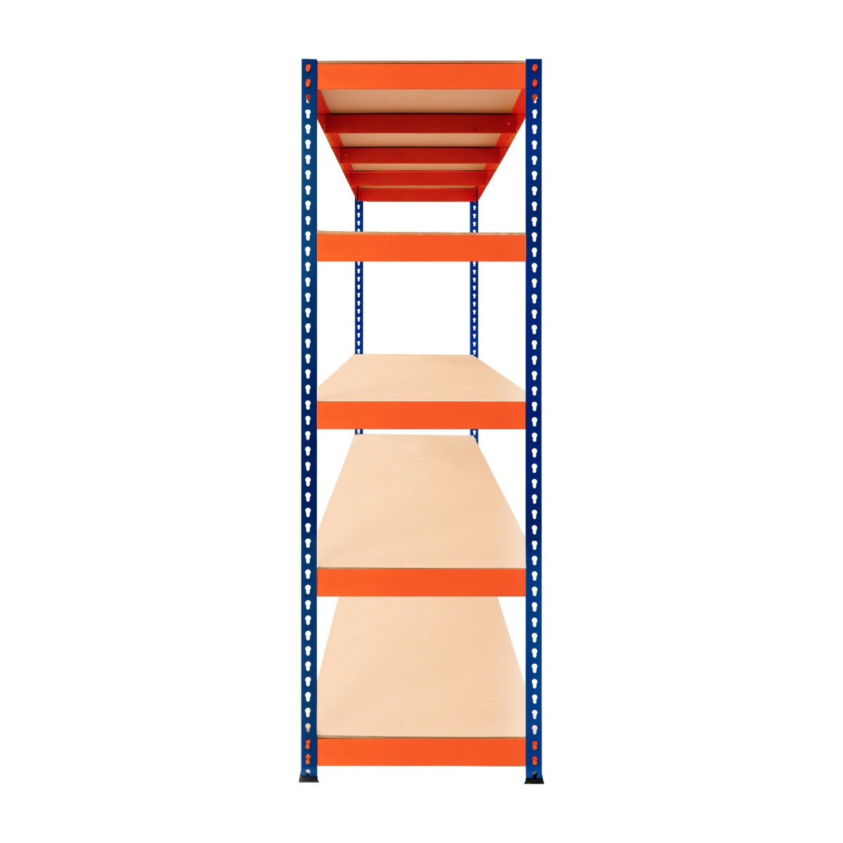 S-Rax Regal mit 5 Böden in orange und blau, 180cm hoch, 180cm breit, 60cm tief, stabiler Metallrahmen und robuste Holzregale, ideal für Lagerung