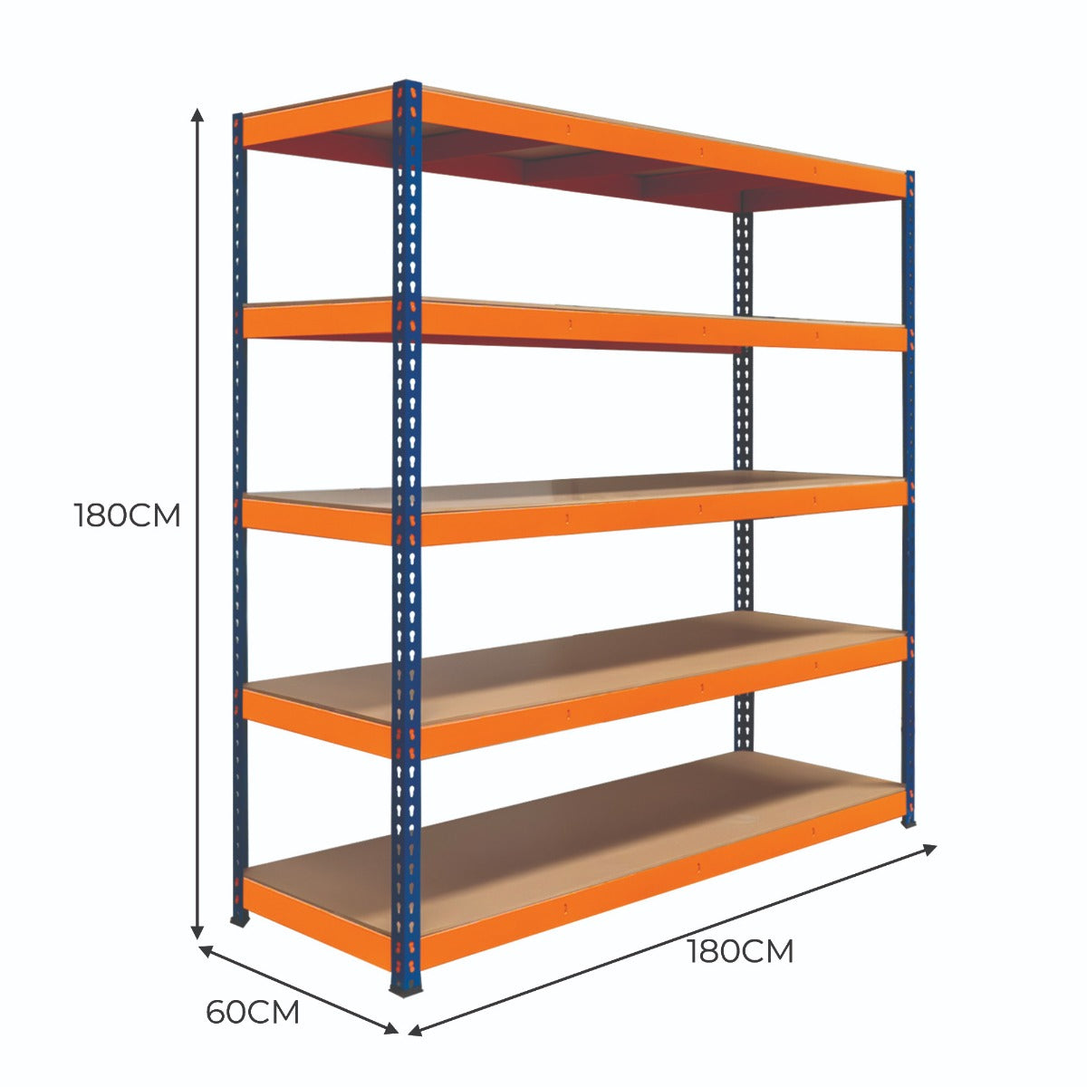 Robustes S-Rax Regal mit 5 Böden in Orange und Blau, 180cm hoch, 180cm breit, 60cm tief, ideal für Lagerung und Organisation