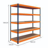 Robustes S-Rax Regal mit 5 Böden in Orange und Blau, 180cm hoch, 180cm breit, 60cm tief, ideal für Lagerung und Organisation