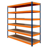S-Rax Regal mit 6 stabilen Böden in Orange und Blau, 180 cm hoch, 180 cm breit, 60 cm tief, ideal für Lagerung und Organisation