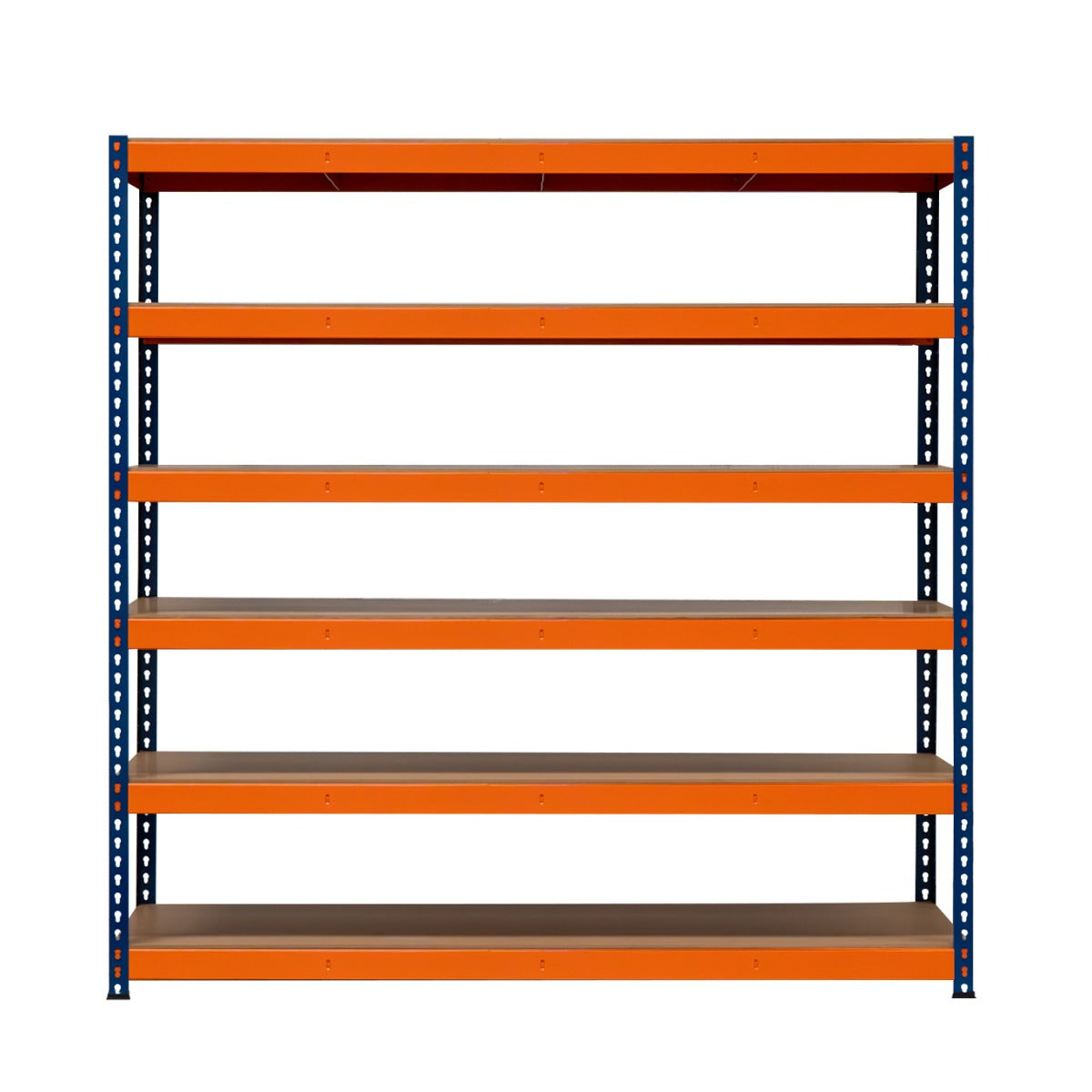 S-Rax Regal mit 6 stabilen Böden in Orange und blauen Metallrahmen, ideal für Lagerung und Organisation, Maße 180cm x 180cm x 60cm
