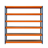S-Rax Regal mit 6 stabilen Böden in Orange und blauen Metallrahmen, ideal für Lagerung und Organisation, Maße 180cm x 180cm x 60cm