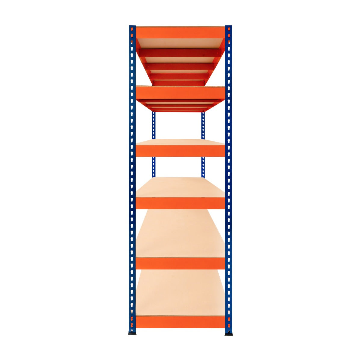 S-Rax Regal mit 6 Böden in Blau und Orange, 180cm hoch, 180cm breit, 60cm tief, stabile Metallstruktur mit robusten, glatten Regalböden