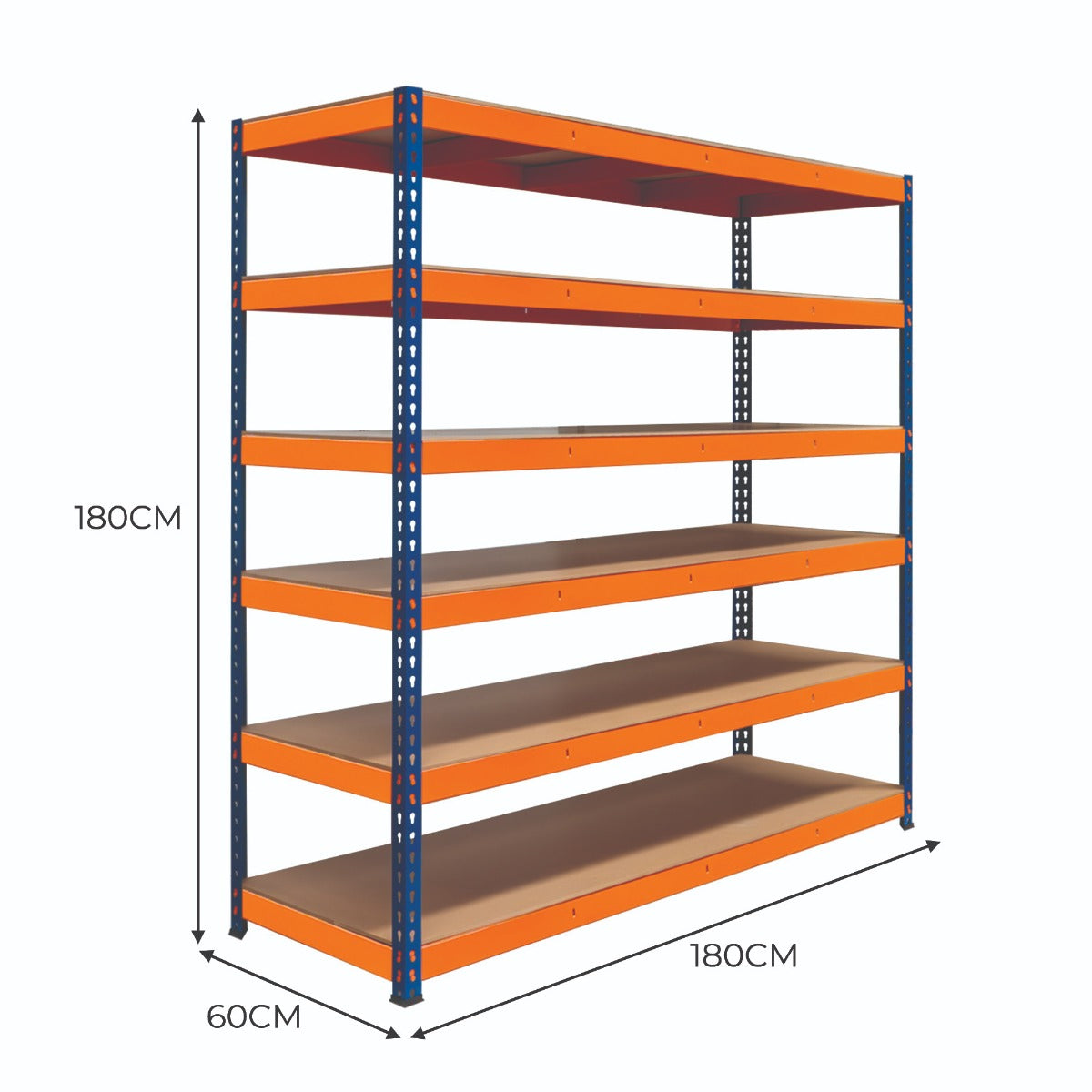 S-Rax Regal mit 6 stabilen Böden in leuchtendem Orange und robustem blauen Rahmen, ideal für Lagerung und Organisation, Maße 180cm x 180cm x 60cm