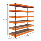 S-Rax Regal mit 6 stabilen Böden in leuchtendem Orange und robustem blauen Rahmen, ideal für Lagerung und Organisation, Maße 180cm x 180cm x 60cm