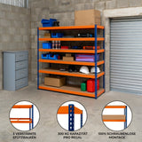 Sechsgeschossiges S-Rax Regal in orange und blau, stabil, mit 300 kg Kapazität pro Regal, ideal für Werkstätten und Lager, einfache Montage