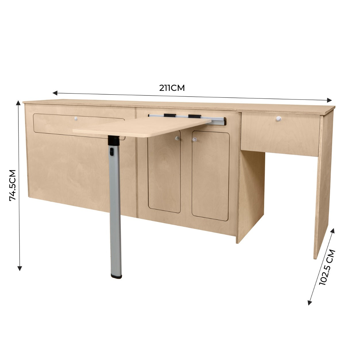 Moderne Küchenzeile für Wohnmobile in Silber, mit einem Kühlschrank (46L), robustem Holzmaterial und praktischen Stauraumoptionen, ideal für unterwegs