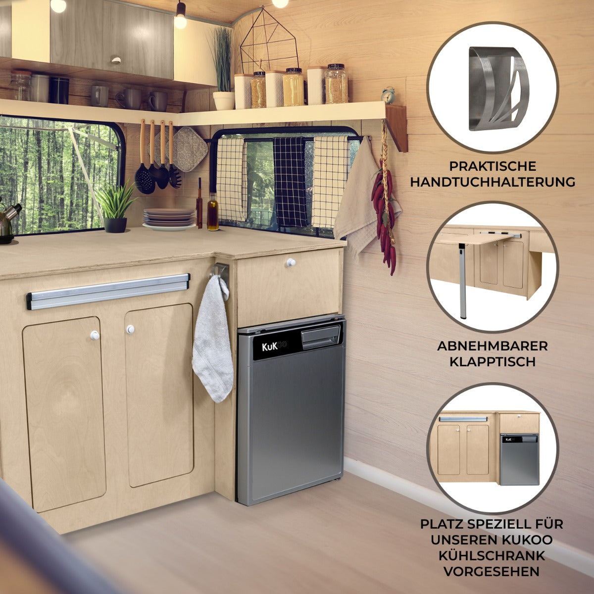 Moderne Küchenzeile in Silber mit 46L Kühlschrank, Holzregalen, praktischer Handtuchhalterung und abnehmbarem Klapptisch, ideal für Wohnmobile