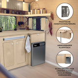 Moderne Küchenzeile in Silber mit 46L Kühlschrank, Holzregalen, Handtuchhalter und abnehmbarem Klapptisch, ideal für Wohnmobile