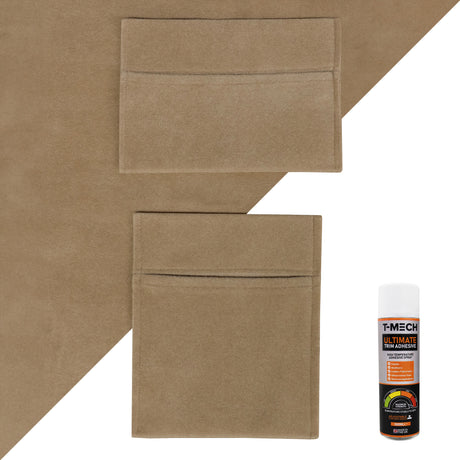 Beige Autostoff mit zwei praktischen Aufbewahrungstaschen und einer Spraydose Kleber, ideal für Fahrzeuginterieurs und DIY-Projekte
