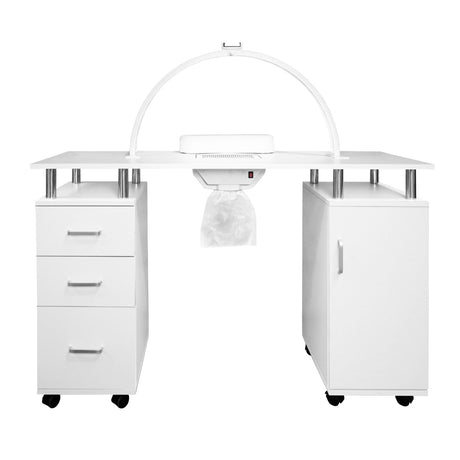 Professioneller Maniküretisch in Weiß mit drei Schubladen, einem Schrank und einer LED Halbmondlampe für optimale Beleuchtung beim Nageldesign