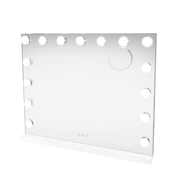 Eleganter LED Bluetooth Spiegel in 58 x 46 cm, mit klarer, reflektierender Oberfläche und runden, integrierten Lichtern für optimale Beleuchtung