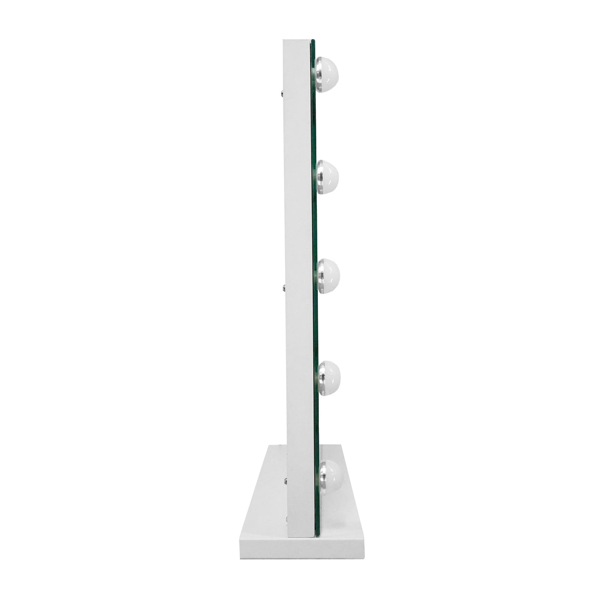 Eleganter LED Bluetooth Spiegel in Weiß, 58 x 46 cm, mit klaren Kanten und fünf integrierten, runden Lampen für optimale Beleuchtung