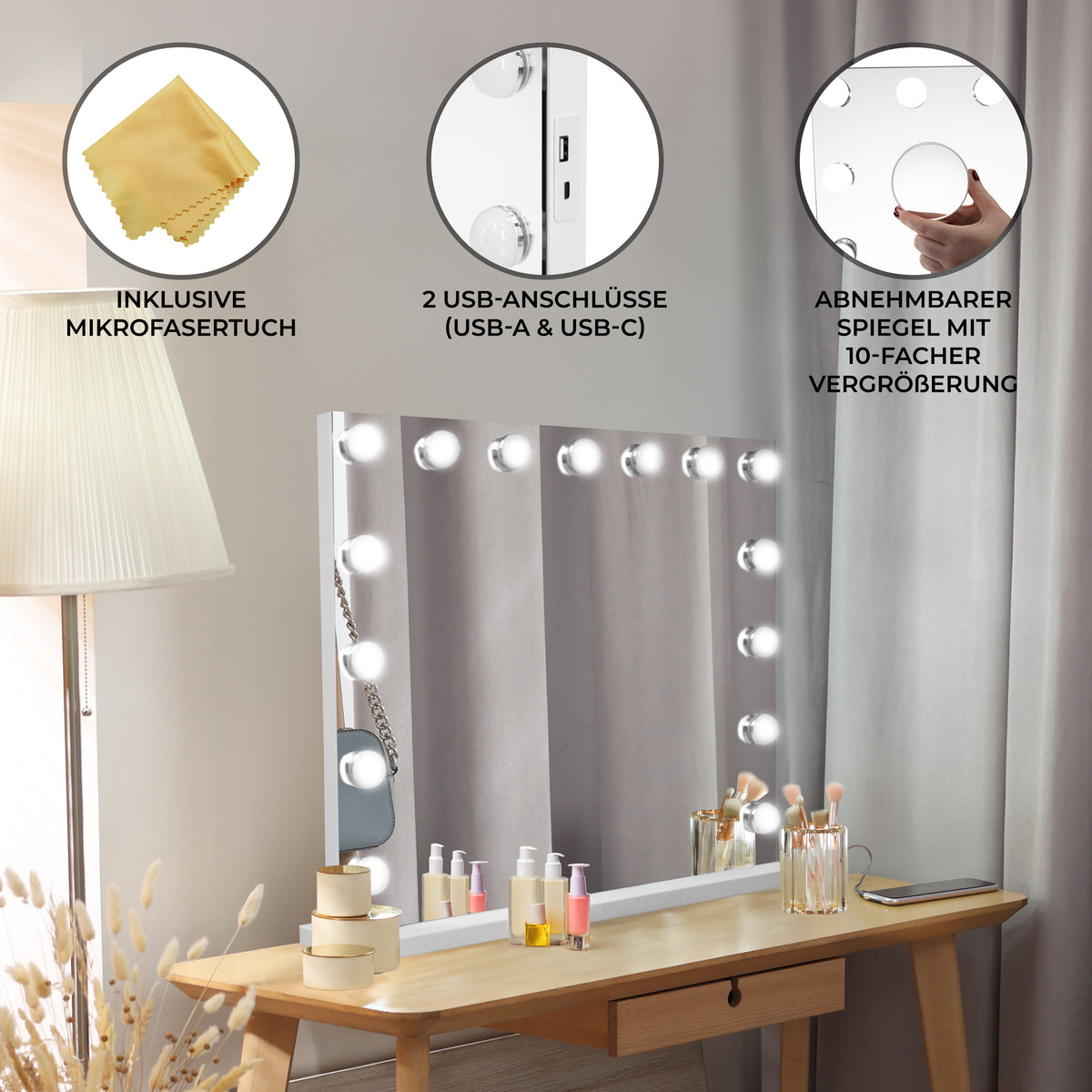 LED Bluetooth Spiegel in elegantem Weiß, 58 x 46 cm, mit 10 dimmbaren Lichtern, USB-Anschlüssen und abnehmbarem 10-fach Vergrößerungsspiegel
