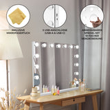 LED Bluetooth Spiegel in elegantem Weiß, 58 x 46 cm, mit 10 dimmbaren Lichtern, USB-Anschlüssen und abnehmbarem 10-fach Vergrößerungsspiegel
