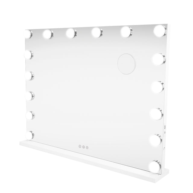 LED Bluetooth Spiegel in rechteckiger Form, 80 x 60 cm, mit 12 runden, dimmbaren Lichtern und glatter, reflektierender Oberfläche in elegantem Weiß