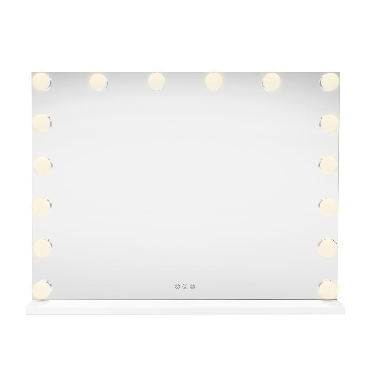 Großer LED Bluetooth Spiegel in rechteckiger Form, 80 x 60 cm, mit 12 runden, warmweißen Lichtern für eine gleichmäßige Beleuchtung und elegantes Design