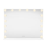 Großer LED Bluetooth Spiegel in rechteckiger Form, 80 x 60 cm, mit 12 runden, warmweißen Lichtern für eine gleichmäßige Beleuchtung und elegantes Design
