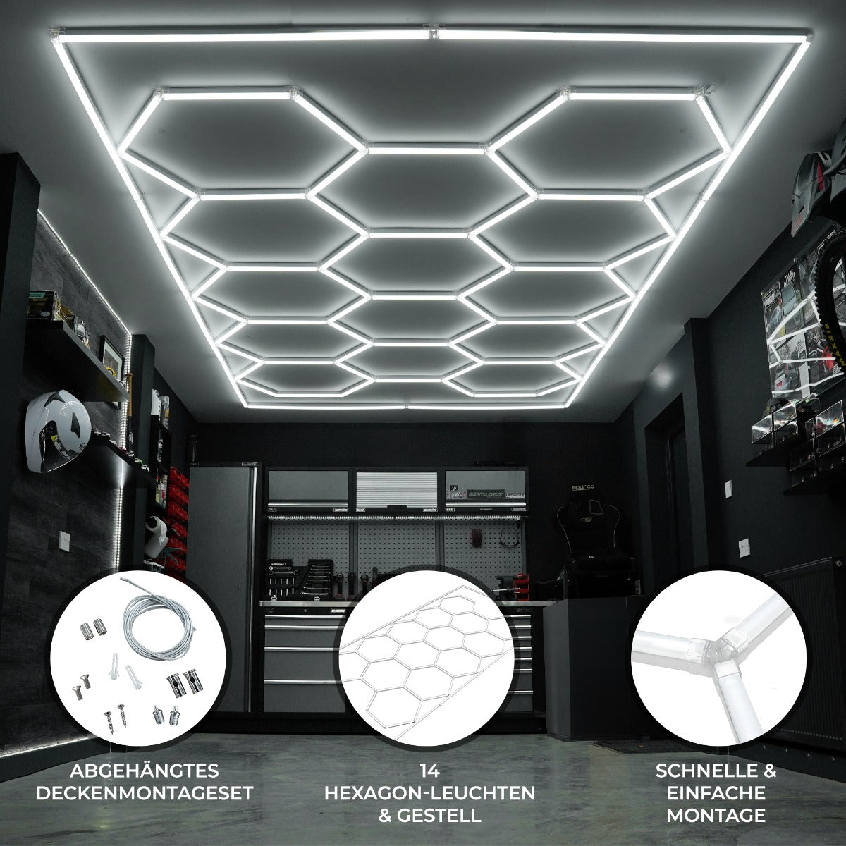 Moderne Hexagon LED Lampe in einem stilvollen, minimalistischen Design mit hellen, weißen Lichtern und einfacher Montage für kreative Beleuchtungslösungen