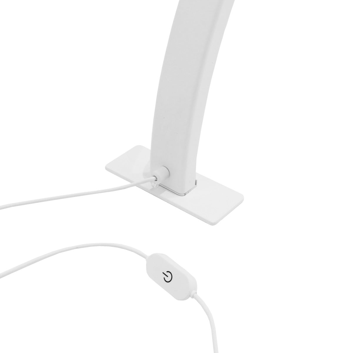 Moderne LED Halbmondlampe in elegantem Weiß, mit schlankem, gebogenem Design und praktischem Schalter für einfache Bedienung