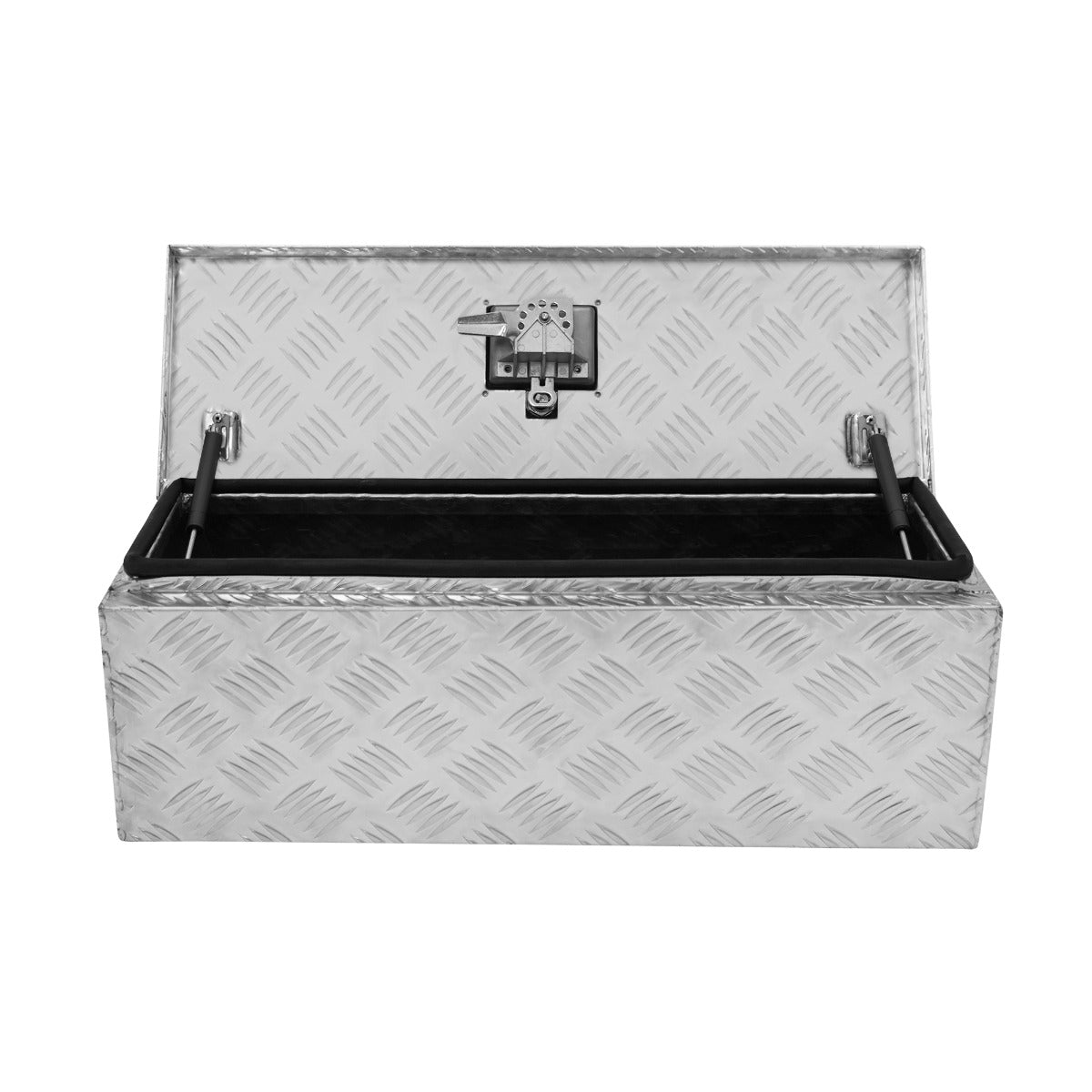 Aluminium-Werkzeugkasten in silber mit rutschfester Oberfläche, 35L Volumen, robustes Design, ideal für Werkzeuge und Zubehör, geöffnet mit schwarzem Innenraum