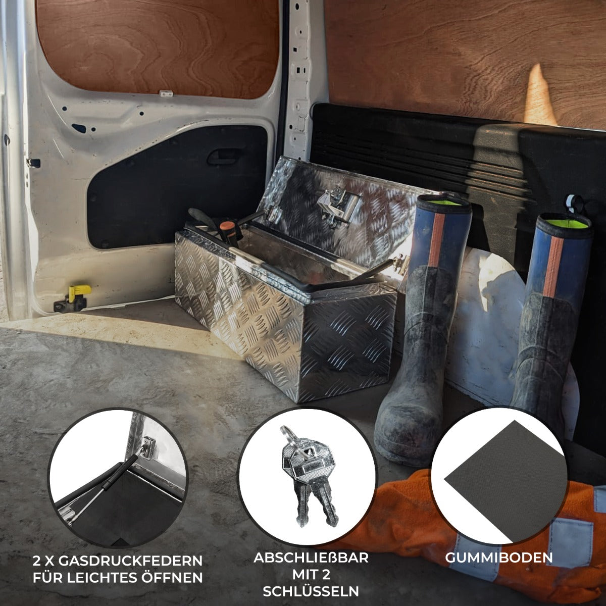 Aluminium-Werkzeugkasten in silber mit rutschfestem Gummiboden, zwei Gasdruckfedern für einfaches Öffnen, ideal für Transport und Aufbewahrung