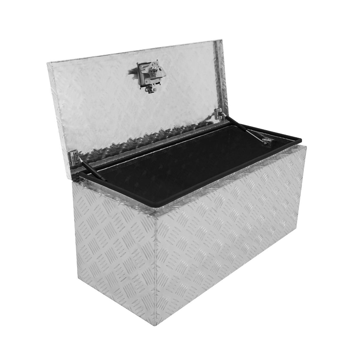 Großer Aluminium-Werkzeugkasten mit rutschfester Oberfläche, silberner Farbe und schwarzem Innenraum, ideal für Werkzeuge und Zubehör