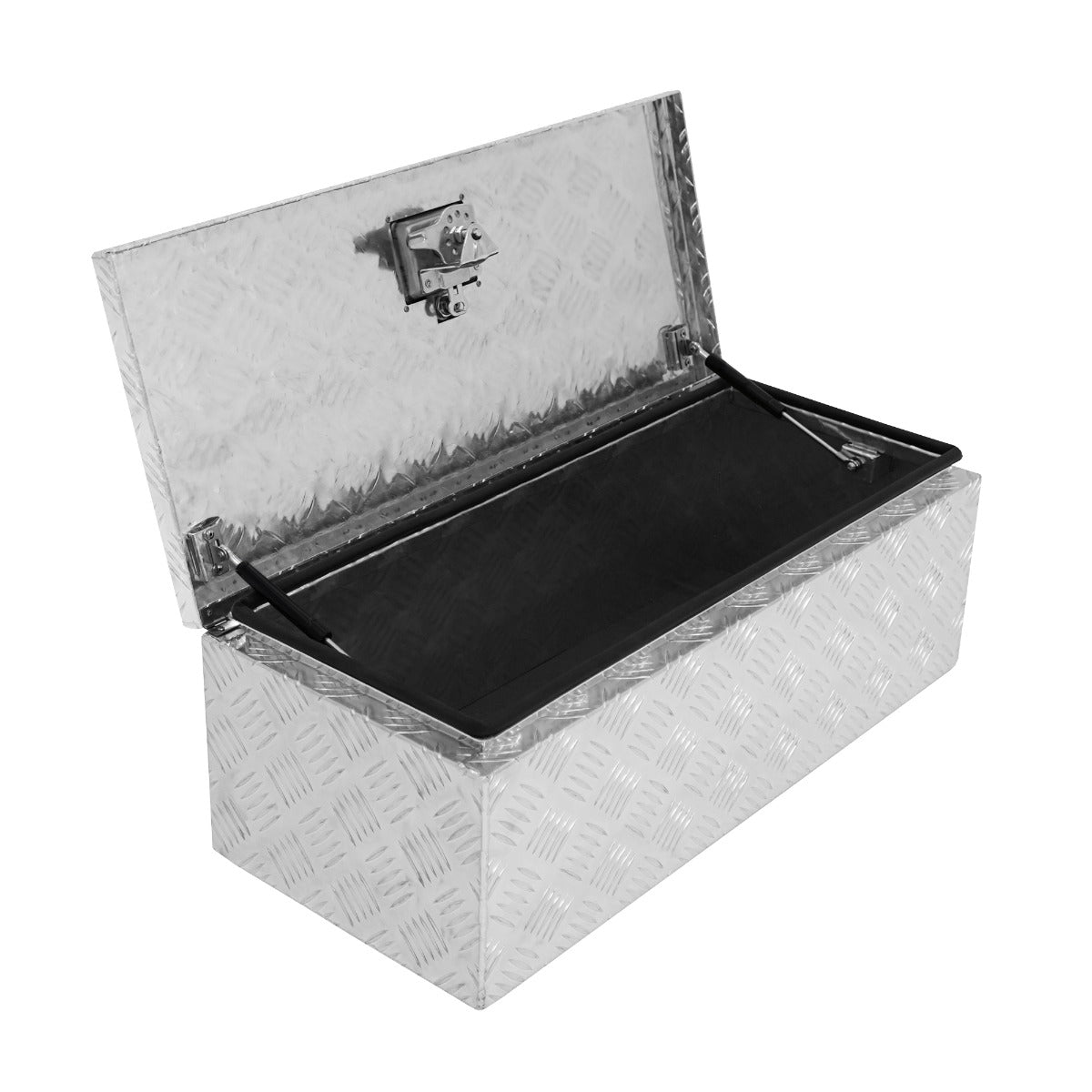 Aluminium-Werkzeugkasten in silber mit Rautenmuster, 60L Volumen, offen mit schwarzem Innenfutter, ideal für Werkzeuge und Zubehör