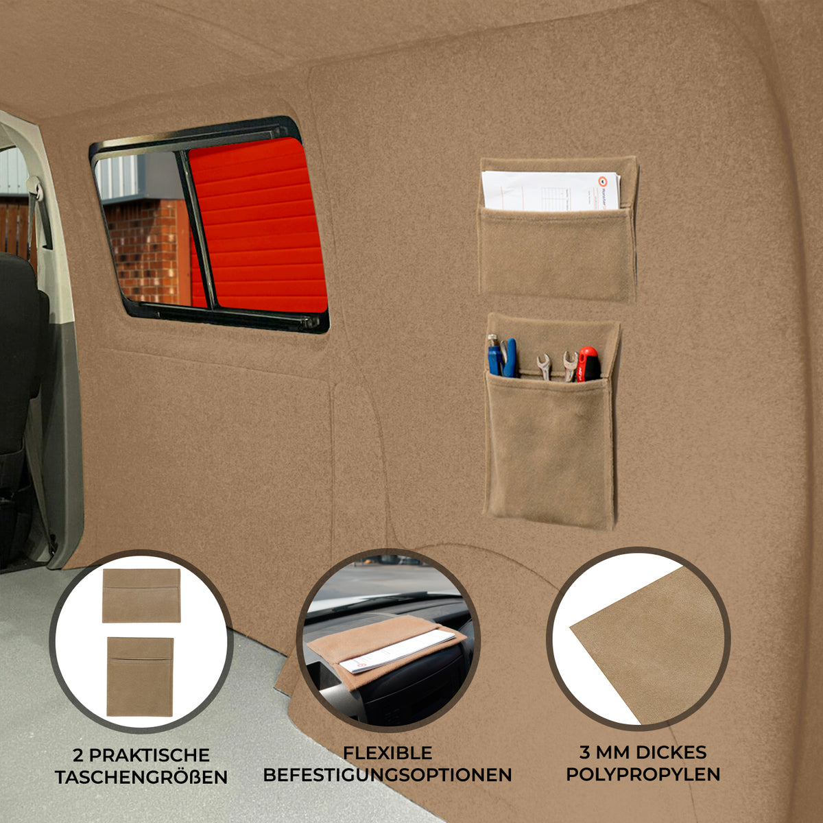 Beige Aufbewahrungstaschen aus 3 mm dickem Polypropylen mit flexiblen Befestigungsmöglichkeiten, ideal für die Organisation von Werkzeug und Dokumenten