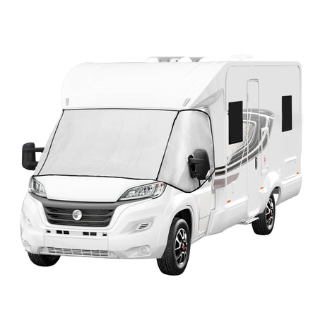 Helle, maßgeschneiderte Frontscheibenabdeckung für Wohnmobile, schützt vor Sonne und Kälte, aus strapazierfähigem, wetterfestem Material in neutralem Weiß