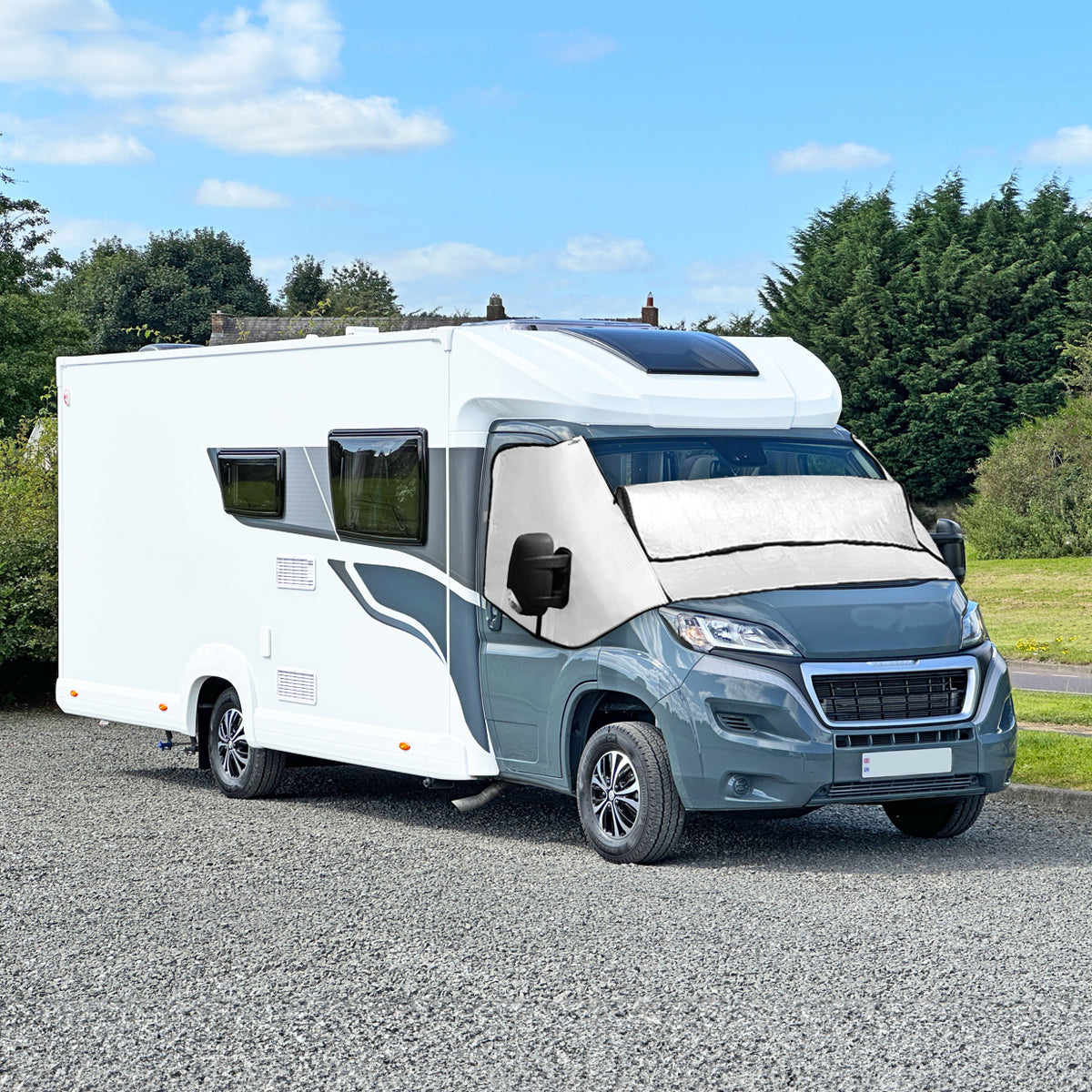 Witterungsbeständige Frontscheibenabdeckung für Wohnmobile in Grau und Weiß, passend für verschiedene Modelle, schützt vor Sonne und Frost