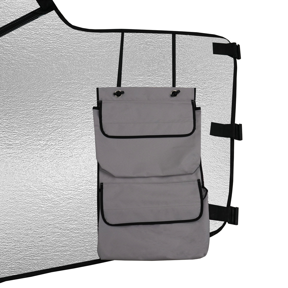 Reflektierende Wohnmobil Frontscheibenabdeckung in silber mit zwei grauen Taschen, ideal zum Schutz vor Sonne und Kälte, strapazierfähiges Material