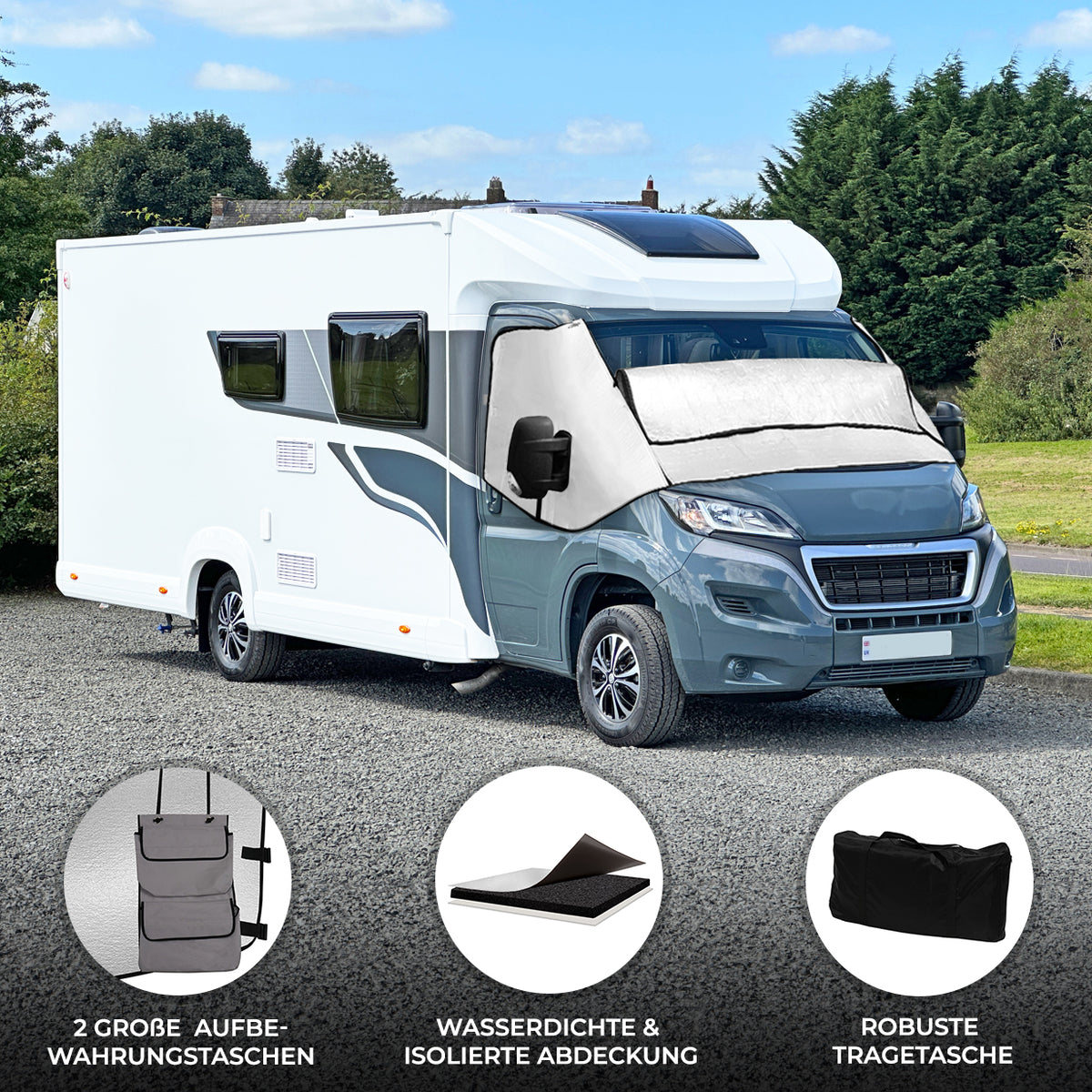Robuste, wasserdichte Frontscheibenabdeckung für Wohnmobile in silberner Farbe, ideal zum Schutz vor Sonne und Frost, mit zwei großen Aufbewahrungstaschen