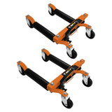 Hydraulische Positionierungsschlitten in orange und schwarz, mit robusten Rollen und verstellbaren Armen für präzise Bewegungen und Stabilität