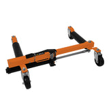 Hydraulischer Positionierungsschlitten in leuchtendem Orange mit robusten Gummirädern, verstellbaren Armen und stabiler Bauweise für präzise Bewegungen