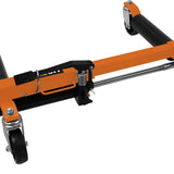 Hydraulischer Positionierungsschlitten in leuchtendem Orange mit robusten Gummirädern, verstellbarem Griff und stabiler Metallkonstruktion für präzise Bewegungen
