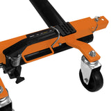 Hydraulischer Positionierungsschlitten in orange und schwarz, mit robusten Rollen, verstellbarem Hebel und stabiler Konstruktion für präzise Bewegungen