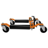 Hydraulischer Positionierungsschlitten in orange und schwarz, mit stabilen Rollen und robustem Rahmen für präzise Bewegungen und einfache Handhabung