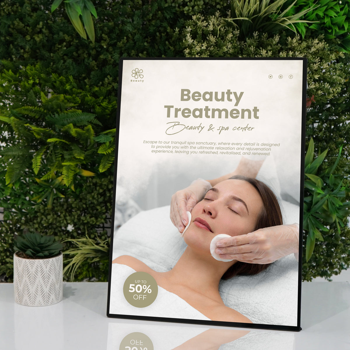 LED-Leuchtrahmen im DIN A2-Format, präsentiert ein Beauty-Behandlungsschild mit sanften Farben und einer entspannenden Spa-Atmosphäre
