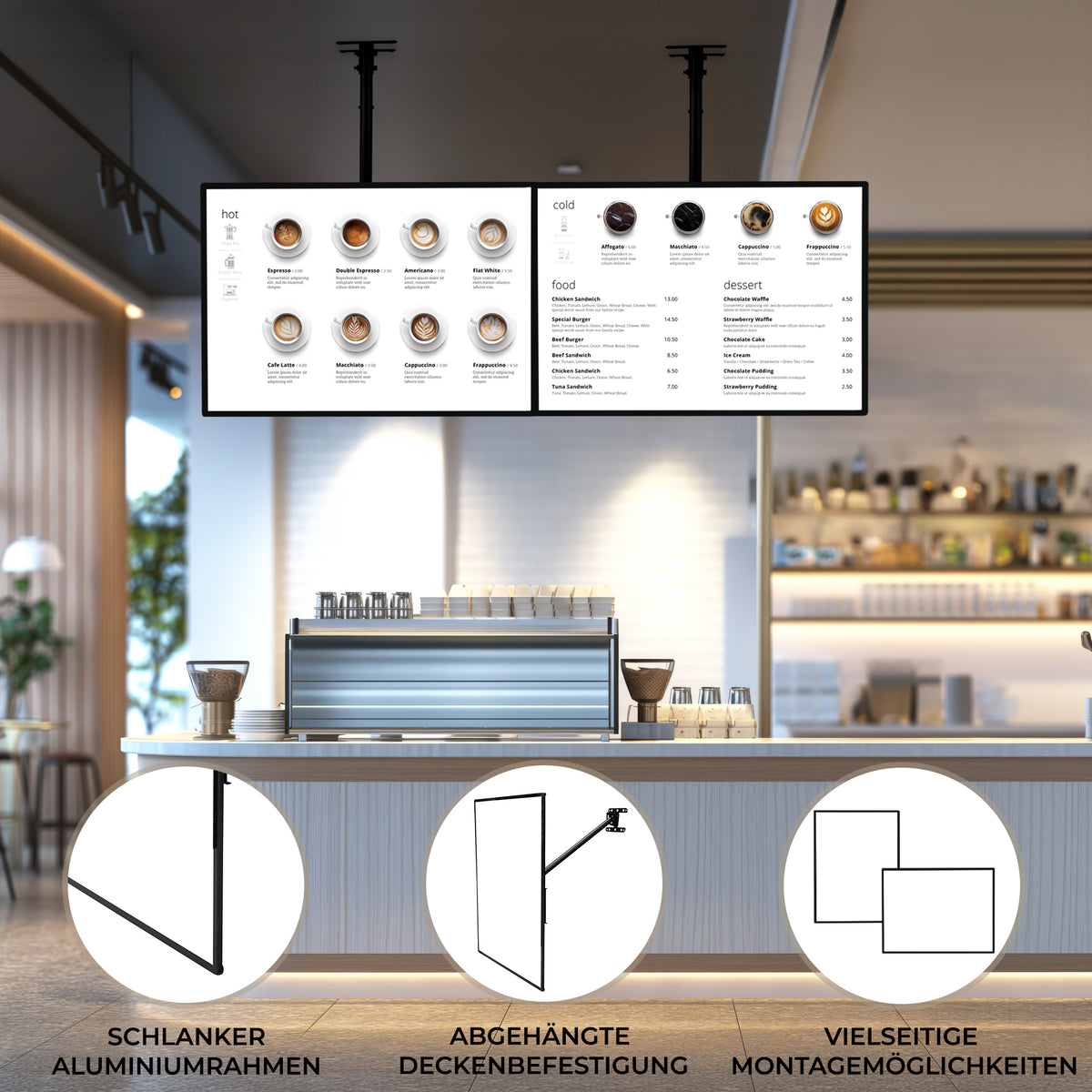LED-Leuchtrahmen im DIN A2-Format mit schlankem Aluminiumrahmen, abgehängter Deckenbefestigung und vielseitigen Montageoptionen in modernem Café-Ambiente