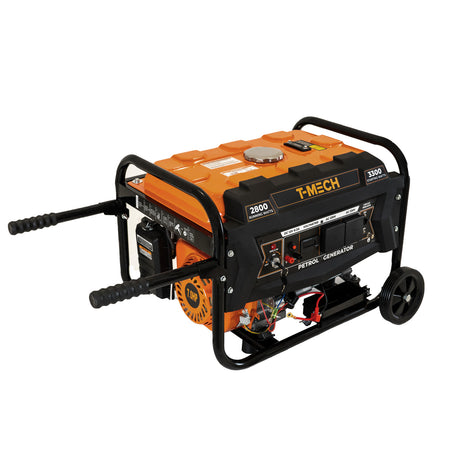 Tragbarer Benzingenerator von T-Mech in Orange und Schwarz, mit zwei Griffen, Rädern und einem klaren Bedienfeld für einfache Nutzung