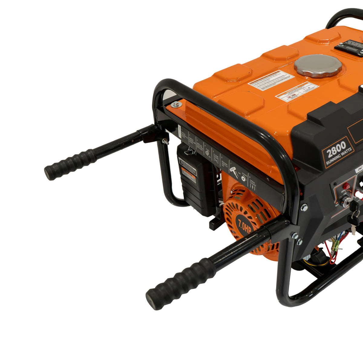 Tragbarer Benzingenerator in Orange und Schwarz mit robustem Rahmen, Griffen und Bedienfeld, ideal für mobile Stromversorgung und Notfälle