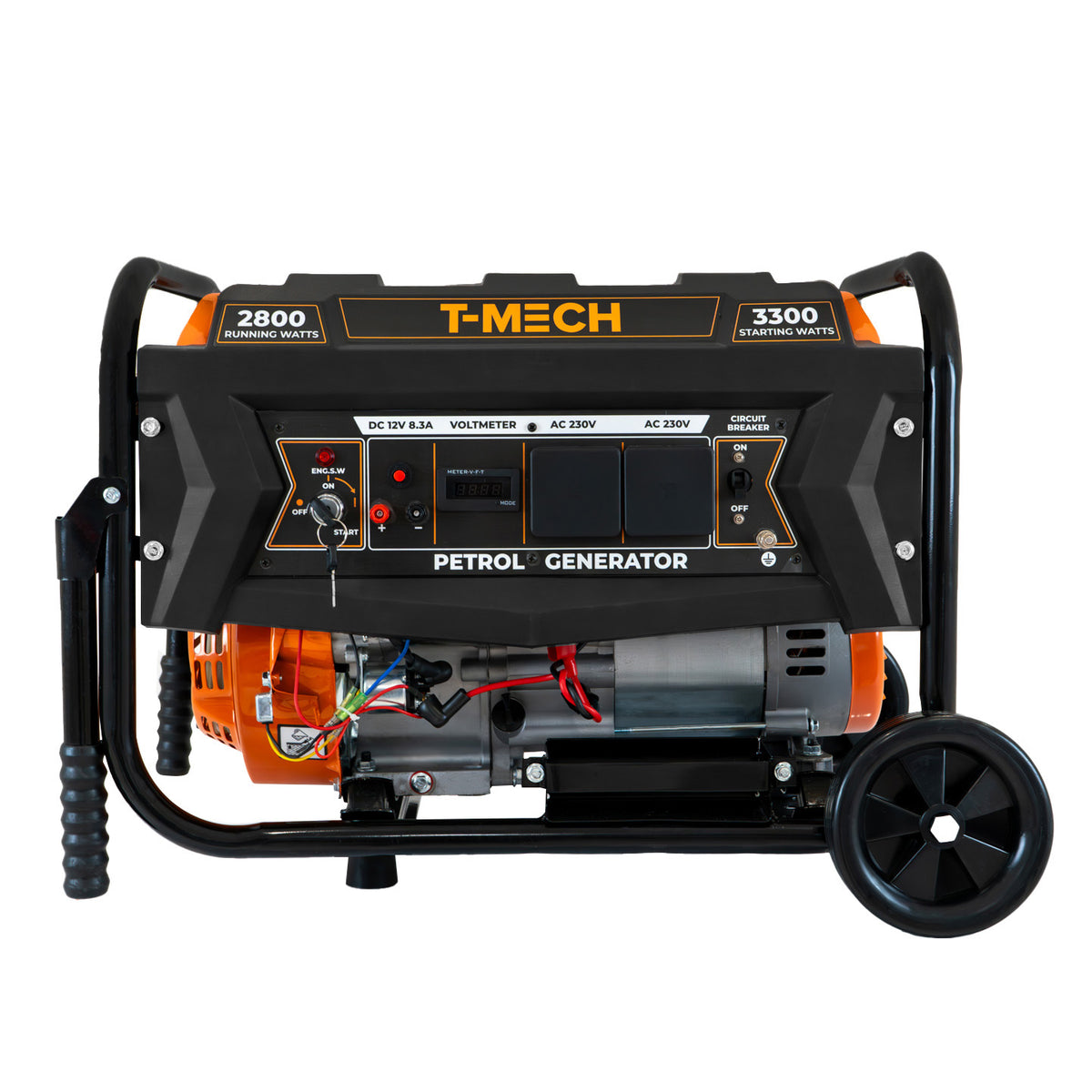 Tragbarer Benzingenerator T-Mech mit schwarzem Gehäuse, orangefarbenem Motor, Bedienfeld mit Anzeigen und zwei Rädern für einfache Mobilität