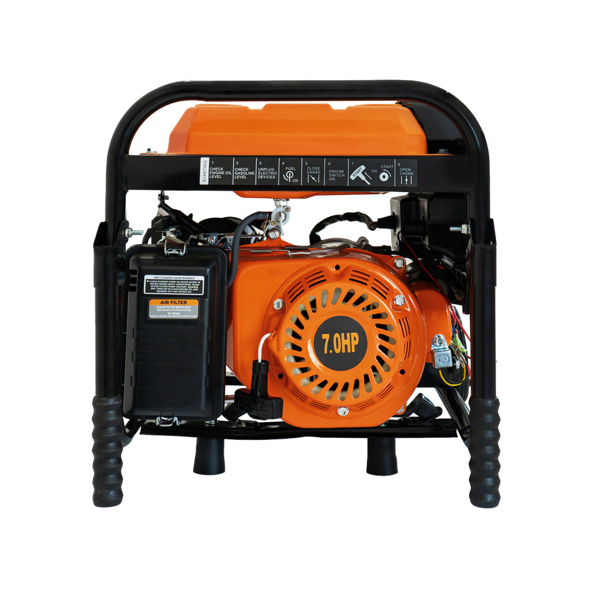 Tragbarer Benzingenerator in Schwarz und Orange mit 7 PS Motor, stabiler Rahmen, sichtbare Bedienelemente und Kraftstofftank