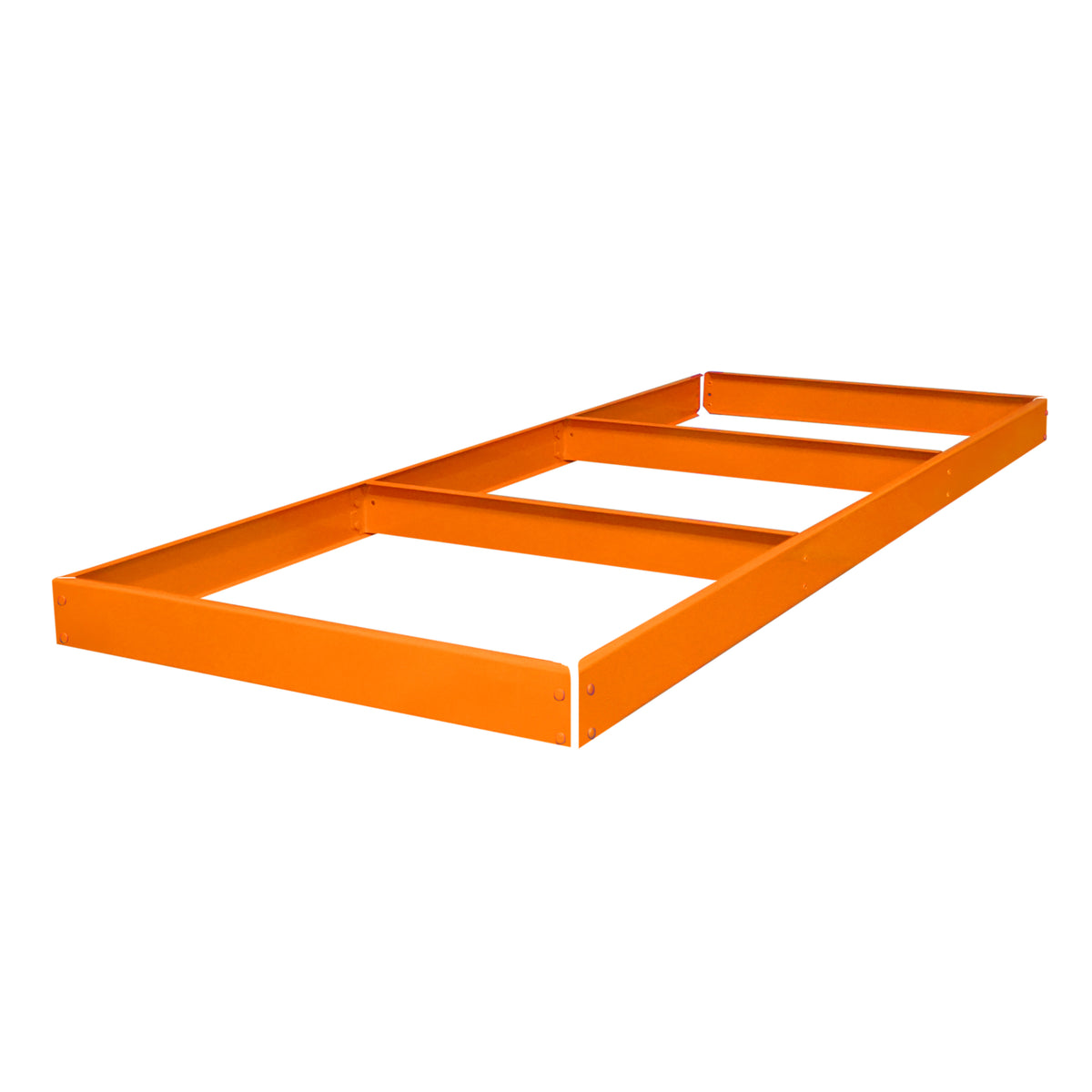 Robuste, orangefarbene 2-stufige Werkbank mit einem stabilen Metallrahmen, ideal für Werkstätten und Heimwerkerprojekte, Maße 90cm x 45cm x 90cm