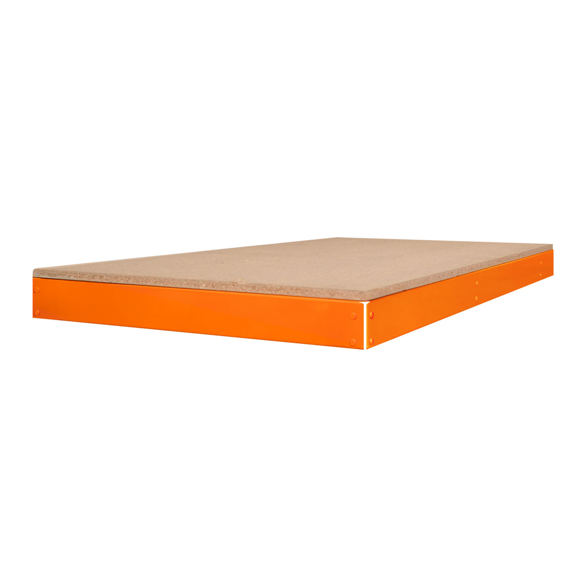 Zusätzlicher Regalboden für S-Rax Werkbank, 120cm x 60cm, mit stabiler, brauner Holzplatte und leuchtend orangefarbenem Metallrahmen