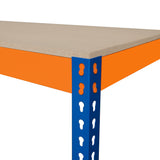 Zusätzlicher Regalboden für S-Rax Werkbank, 120cm x 60cm, mit stabiler, blauer Metallstruktur und einer glatten, hellen Holzoberfläche