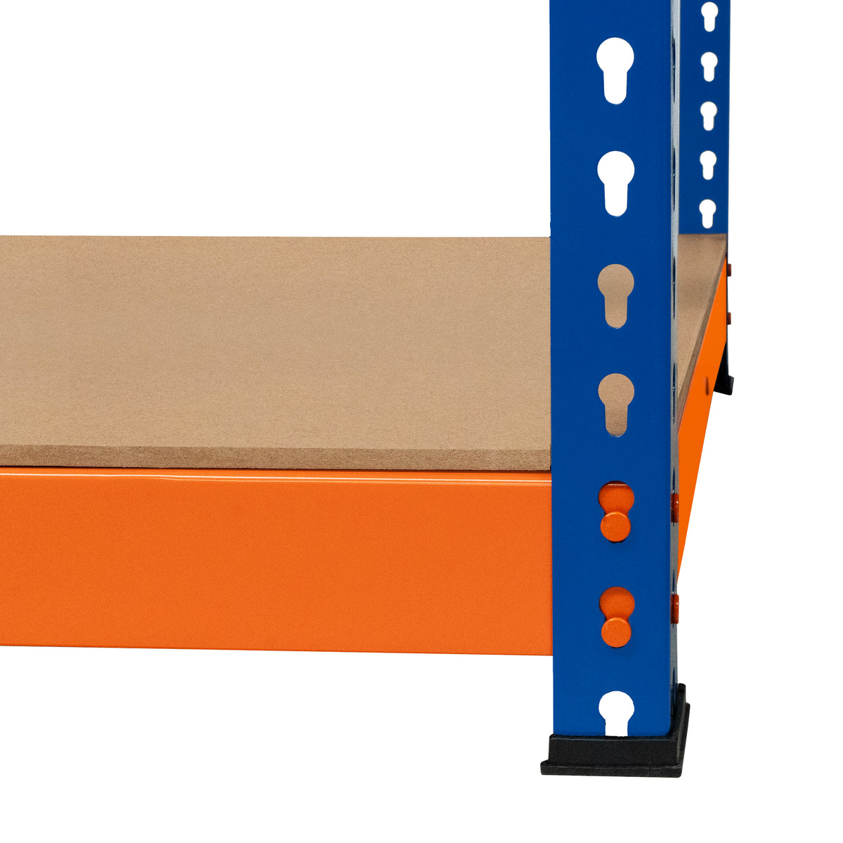 Zusätzlicher Regalboden für S-Rax Werkbank in 120cm x 60cm, mit stabiler MDF-Oberfläche, blauen Metallrahmen und orangefarbenem Sockel für hohe Belastbarkeit